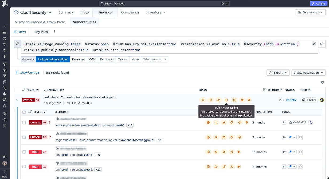 Datadog Cloud Security showing a list of CVEs Datadog Cloud Security showing a list of CVEs