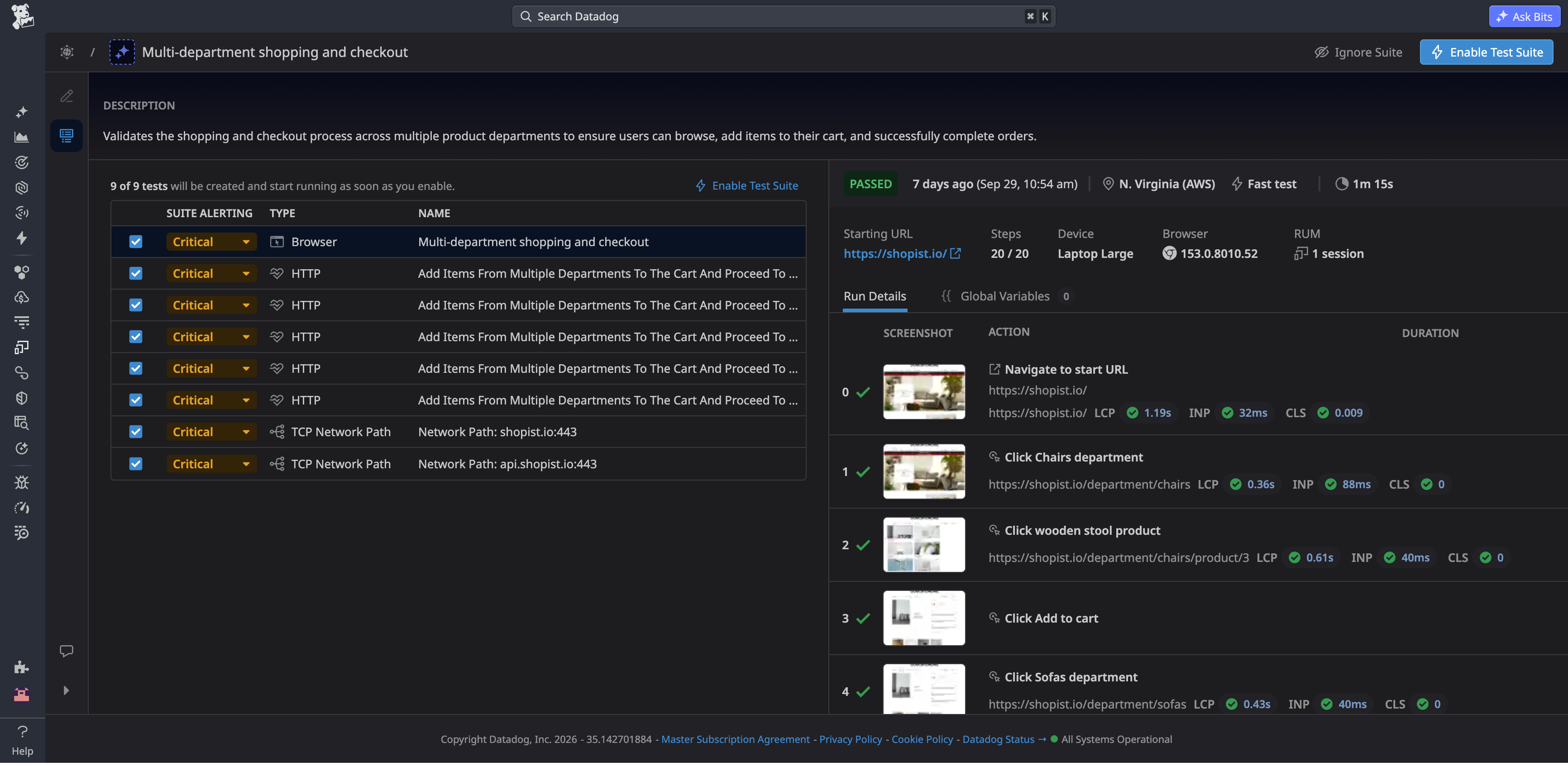 Datadog Bits Testing interface showing a test suite generated by Bits Testing, listing browser, HTTP, and TCP network tests alongside run details.