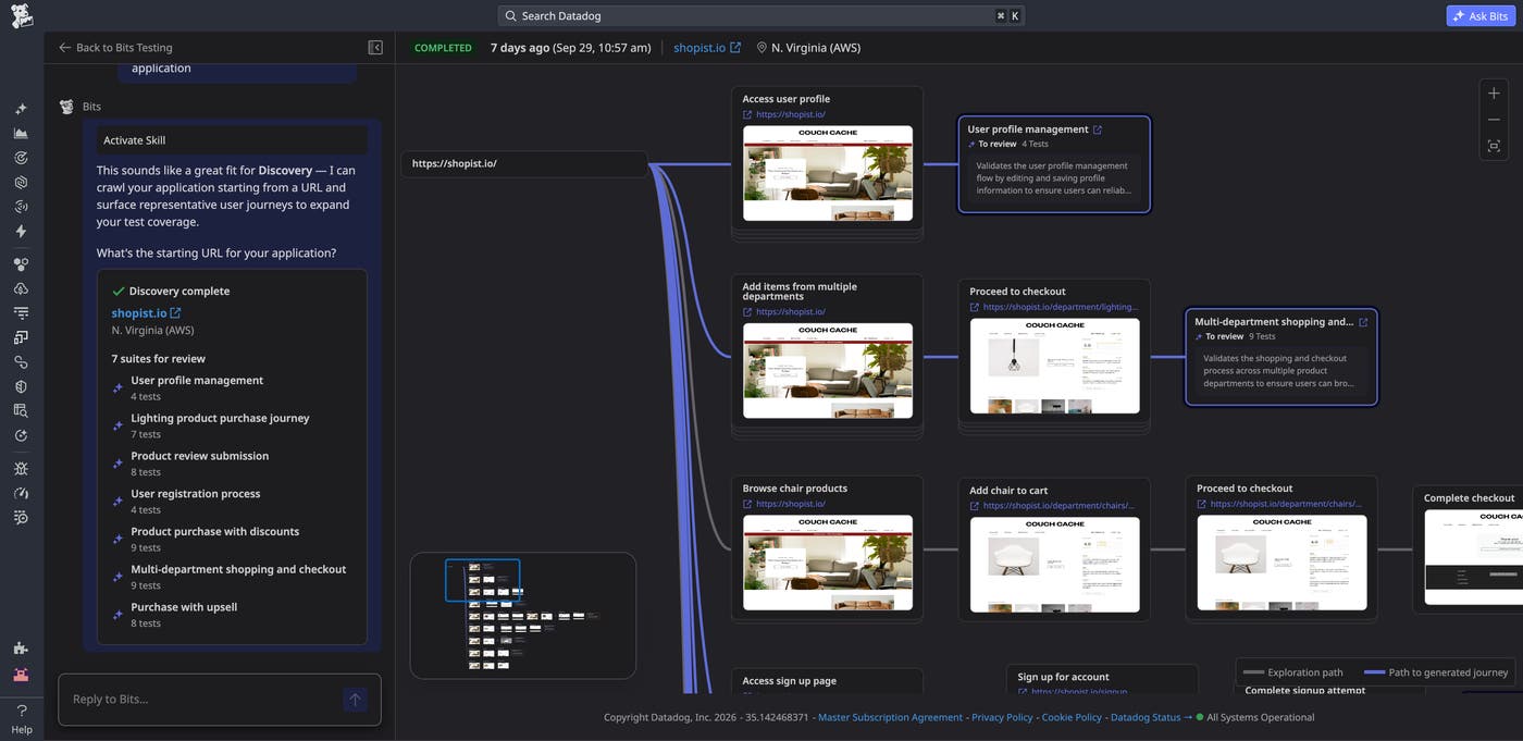 Datadog Bits Testing Discovery view showing generated Test Suites and a map of the paths explored across an ecommerce application. Datadog Bits Testing Discovery view showing generated Test Suites and a map of the paths explored across an ecommerce application.