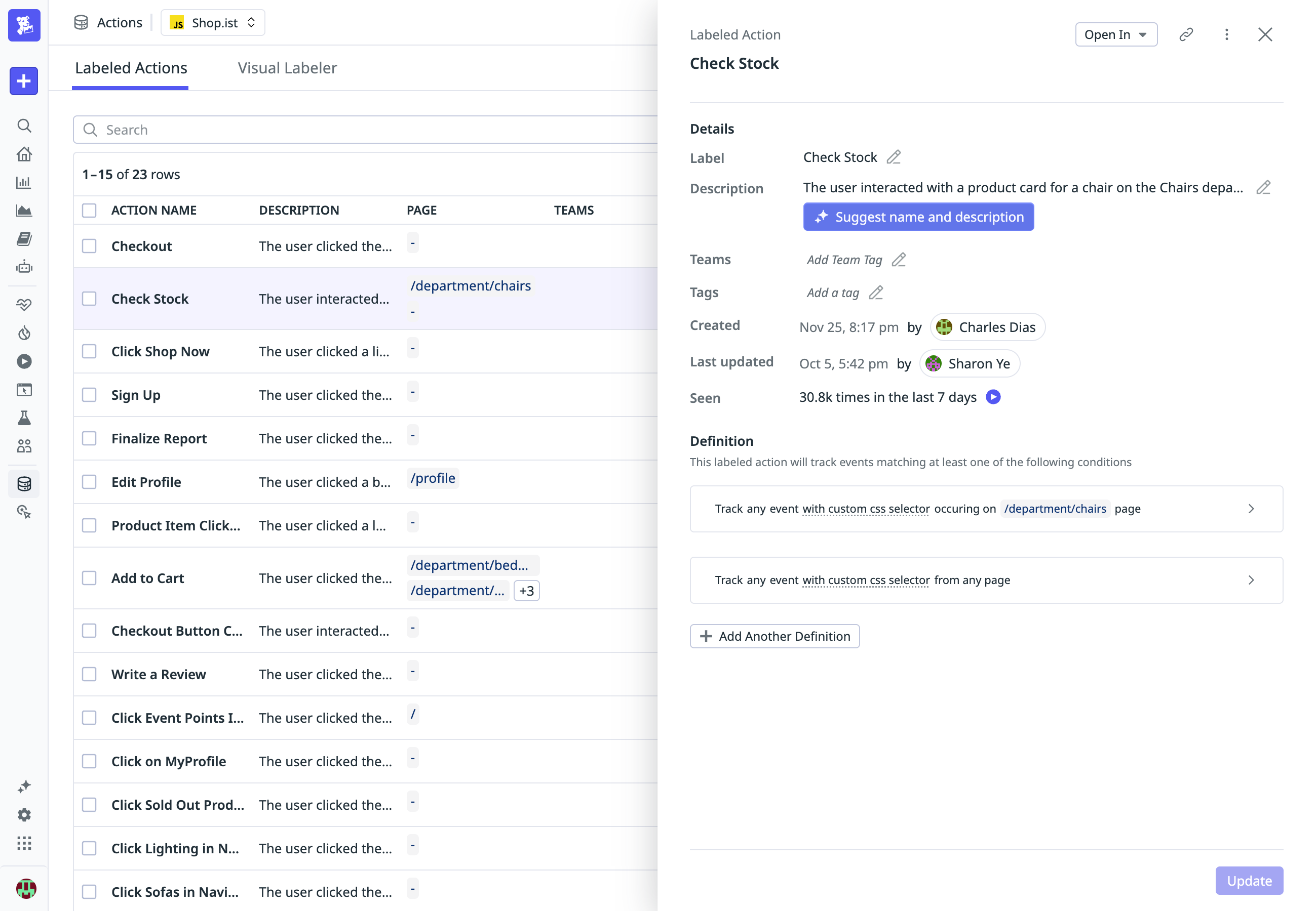 Actions page listing curated labeled actions with descriptions and tags.