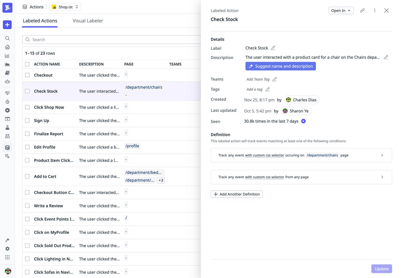 Actions page listing curated labeled actions with descriptions and tags. Actions page listing curated labeled actions with descriptions and tags.