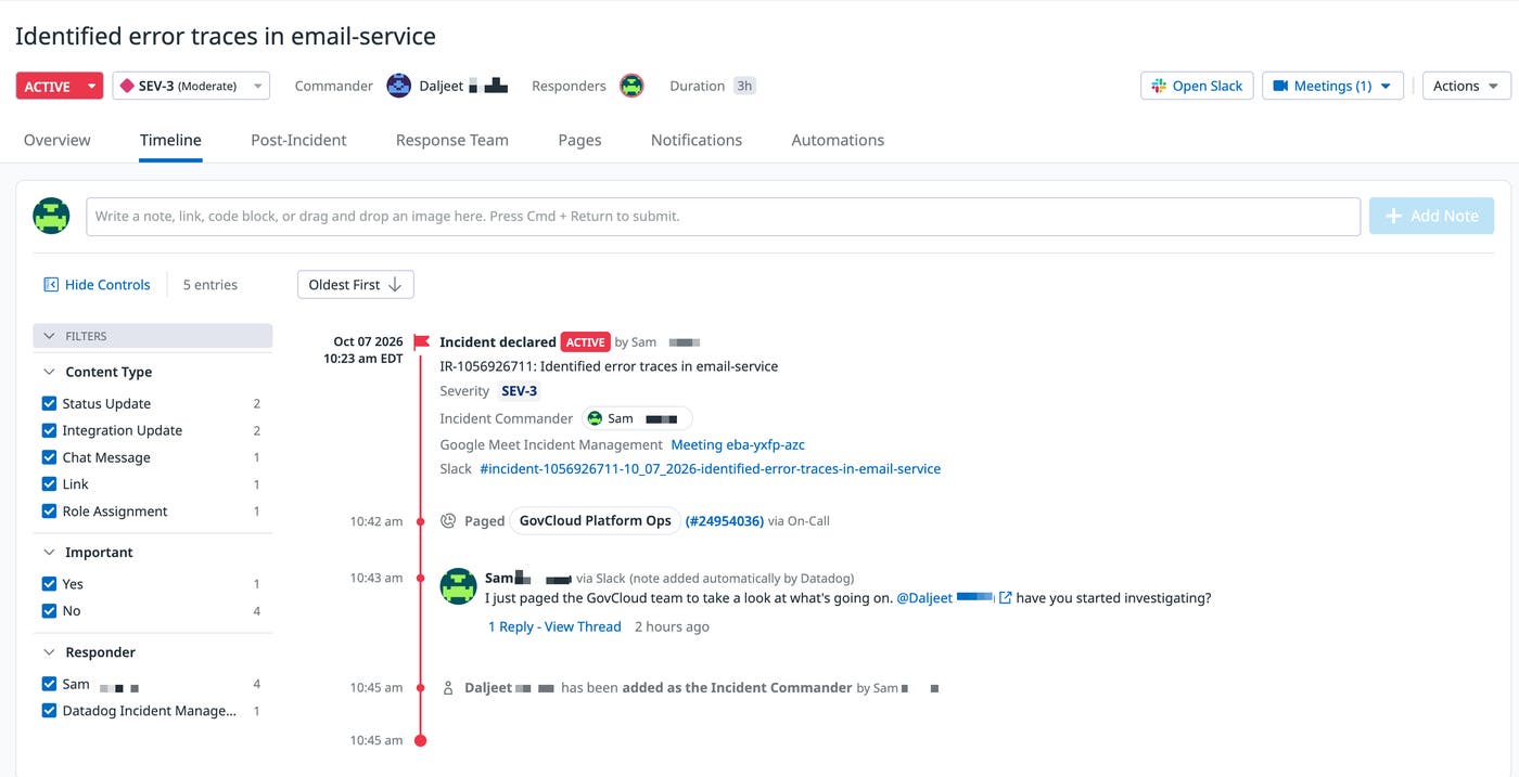 Datadog incident timeline showing an incident declaration, an On-Call page, a Slack message, and an incident commander assignment. Datadog incident timeline showing an incident declaration, an On-Call page, a Slack message, and an incident commander assignment.