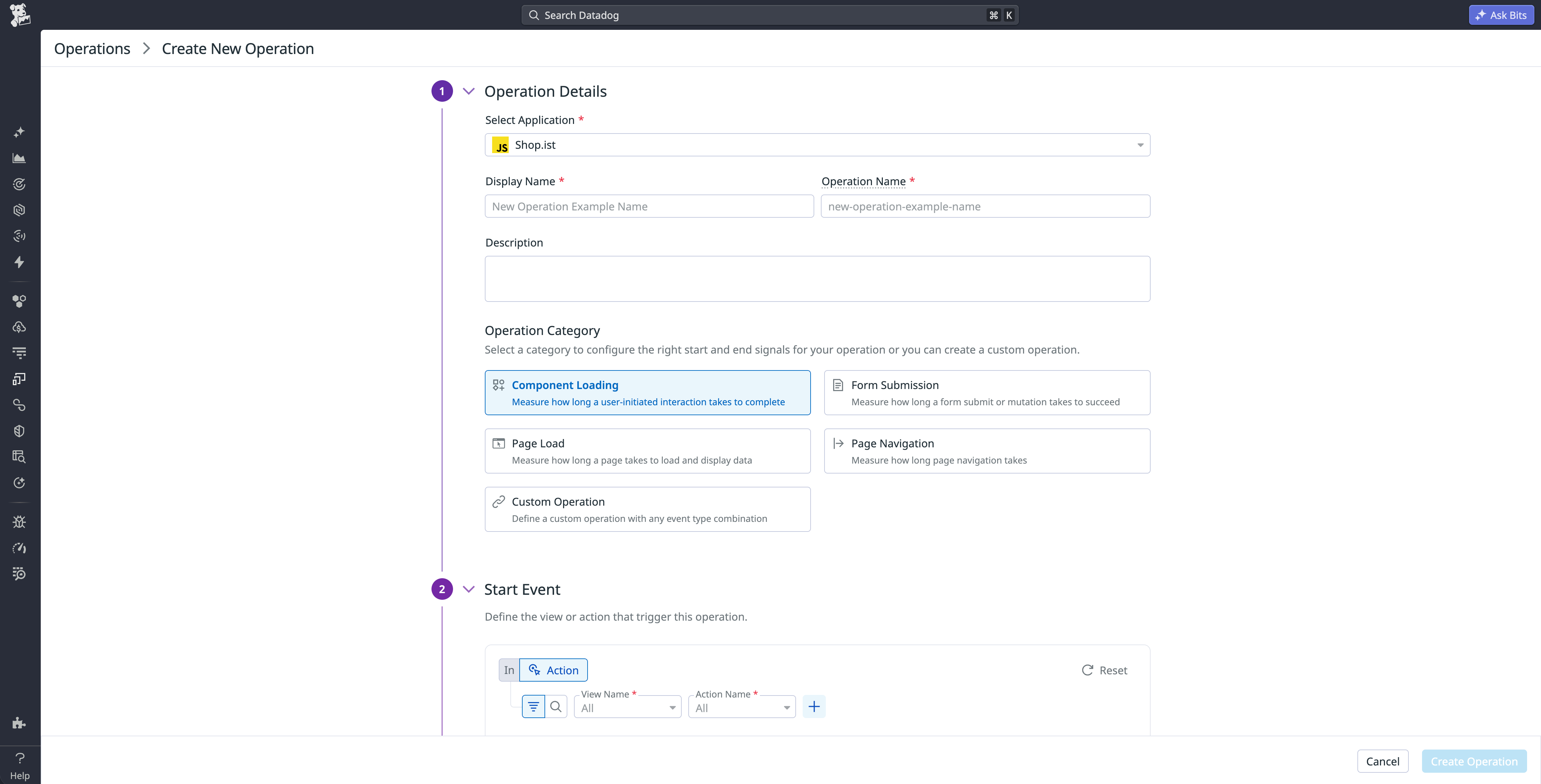 Screen in the Datadog UI to create a new operation.
