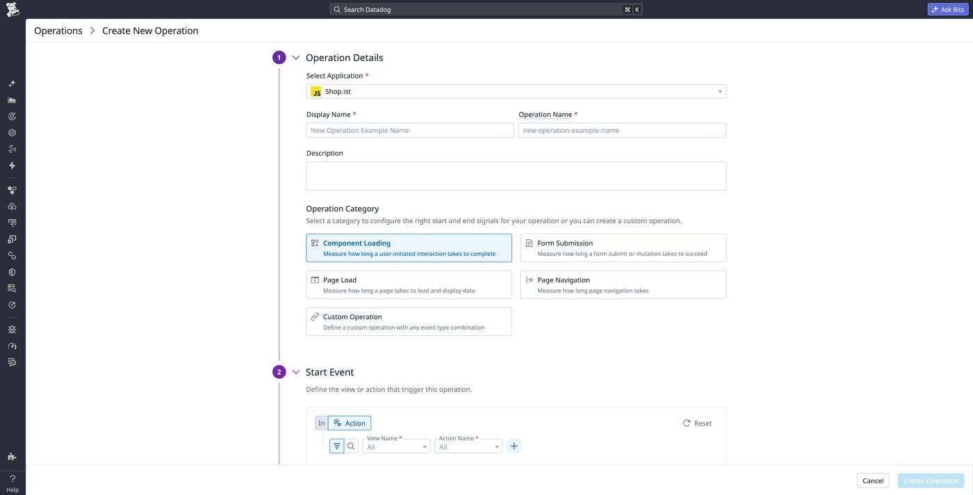 Screen in the Datadog UI to create a new operation. Screen in the Datadog UI to create a new operation.