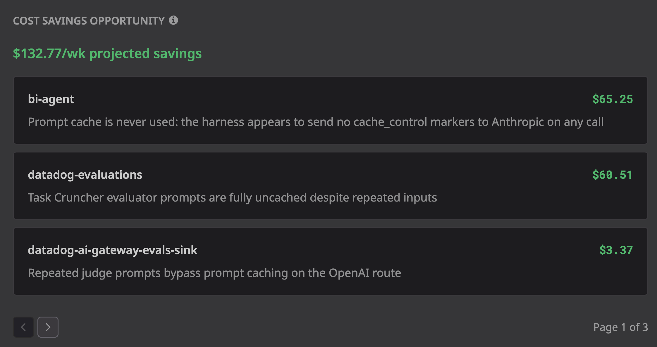 Cost Savings Opportunities identifying technical behaviors associated with avoidable AI spend.