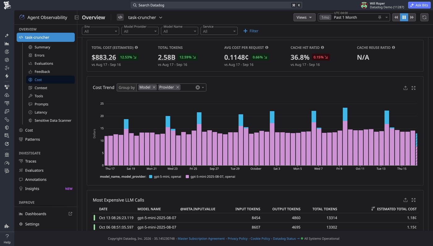 Agent Observability application cost table comparing spend and efficiency across AI applications. Agent Observability application cost table comparing spend and efficiency across AI applications.