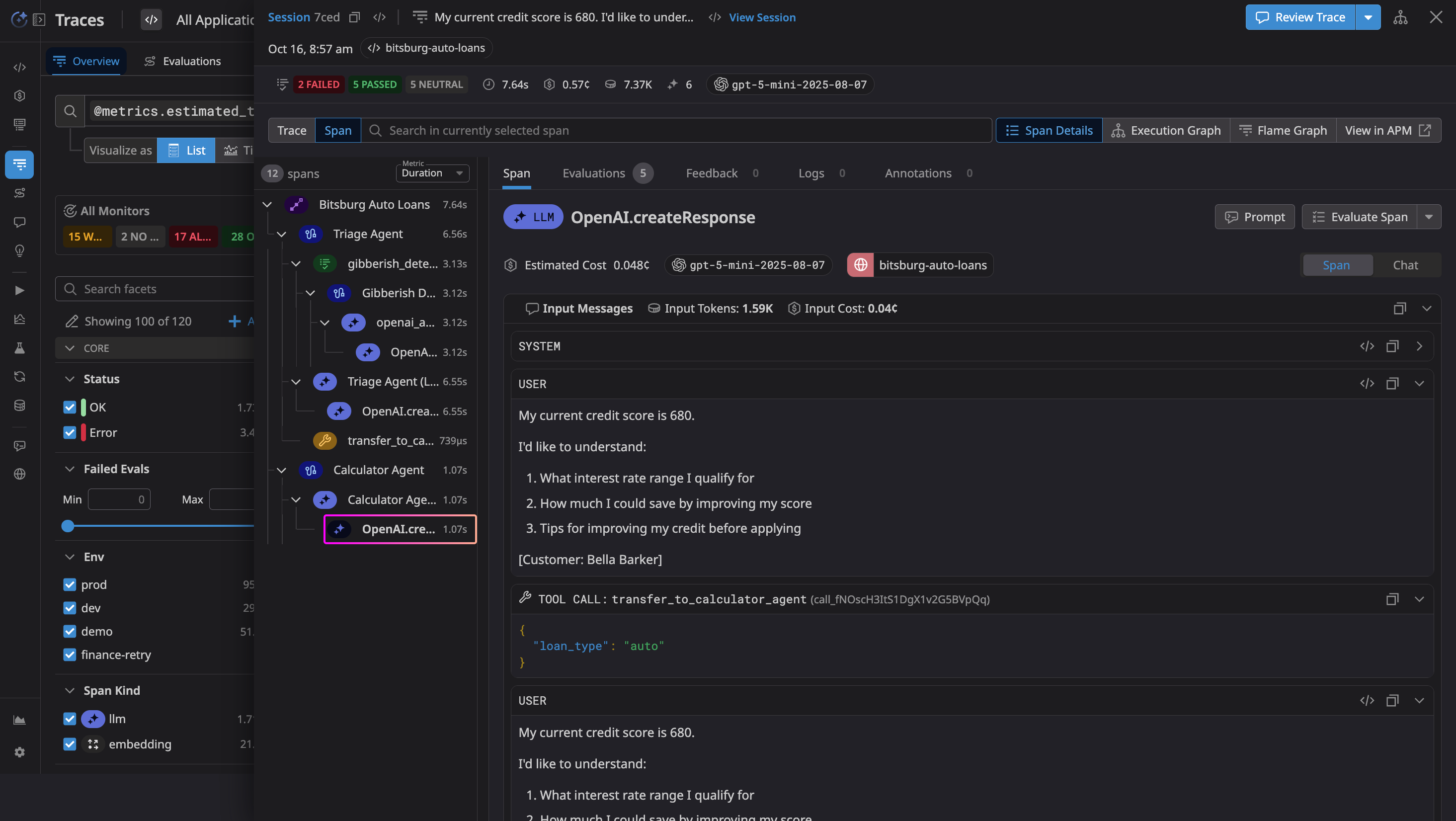 Agent Observability trace breaking an expensive request into agent, tool, and LLM operations.