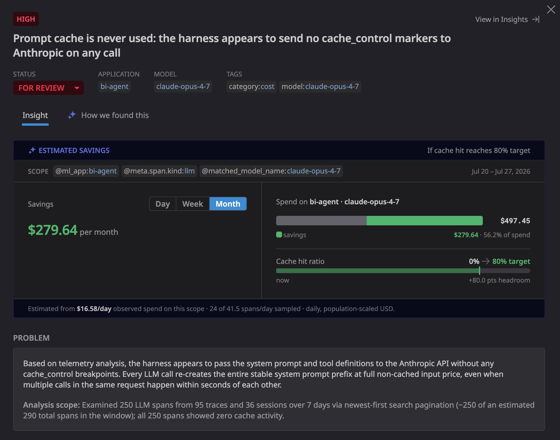 Cost Savings Opportunity with observed spend, cache performance, target, and estimated savings.