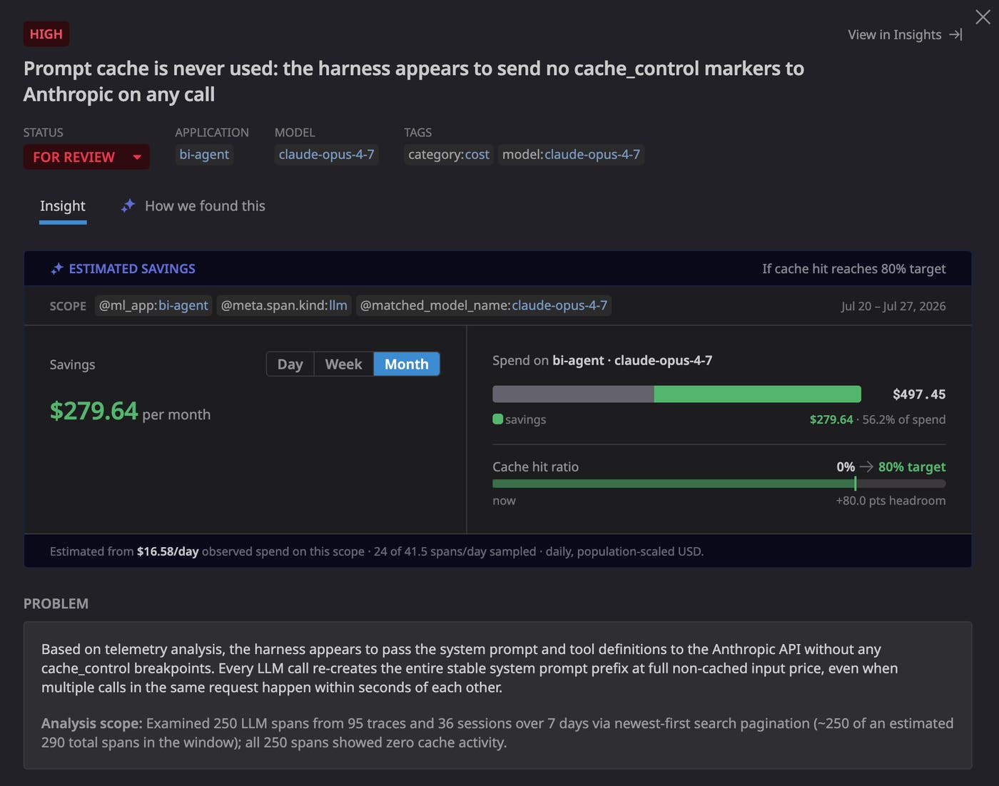Cost Savings Opportunity with observed spend, cache performance, target, and estimated savings. Cost Savings Opportunity with observed spend, cache performance, target, and estimated savings.