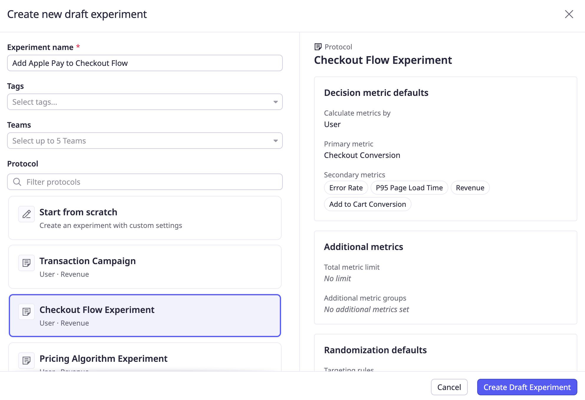 Choosing the Checkout Flow protocol prefills a draft with User subject type, Checkout Conversion primary, and guardrails.