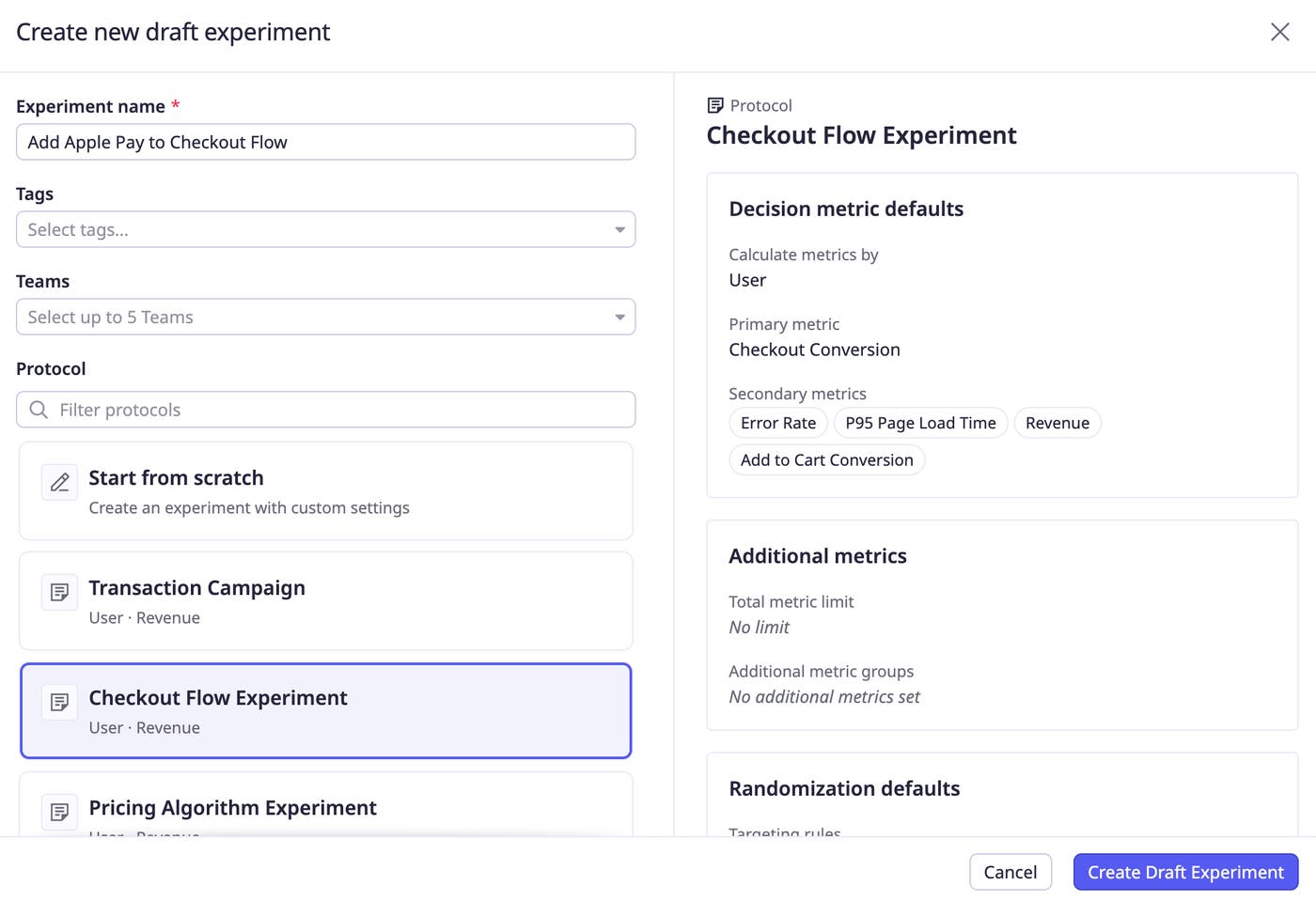 Choosing the Checkout Flow protocol prefills a draft with User subject type, Checkout Conversion primary, and guardrails. Choosing the Checkout Flow protocol prefills a draft with User subject type, Checkout Conversion primary, and guardrails.