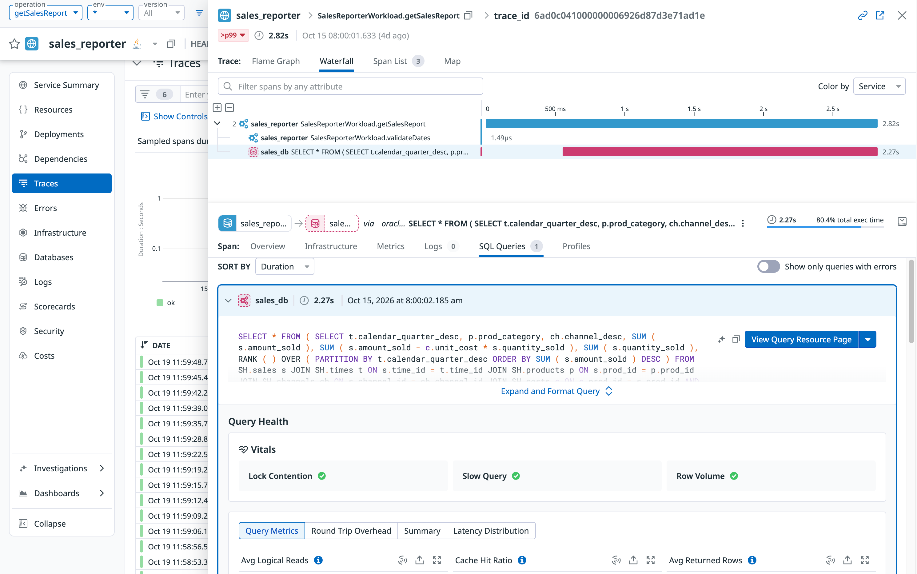 A Datadog APM trace showing an Oracle SQL query with execution details and database performance metrics.