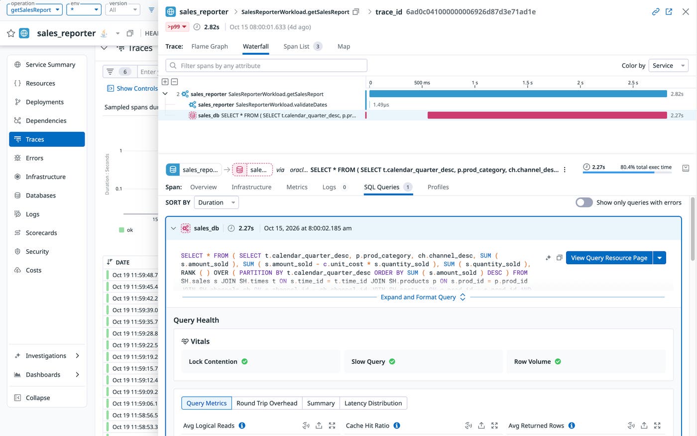 A Datadog APM trace showing an Oracle SQL query with execution details and database performance metrics. A Datadog APM trace showing an Oracle SQL query with execution details and database performance metrics.