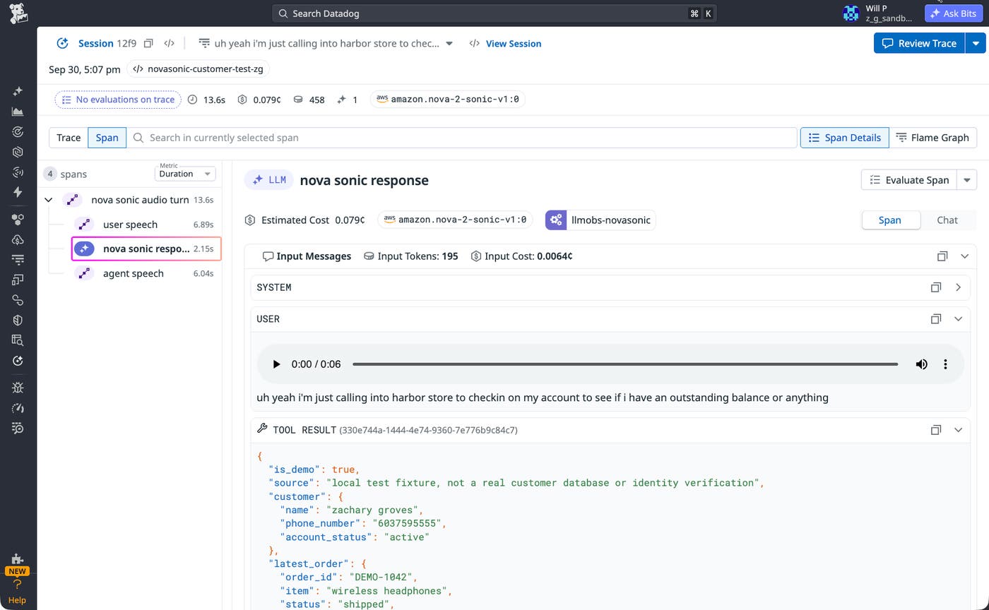 Screenshot of an Agent Observability trace where a user’s recorded audio plays above its transcript and the tool result that followed. Screenshot of an Agent Observability trace where a user’s recorded audio plays above its transcript and the tool result that followed.