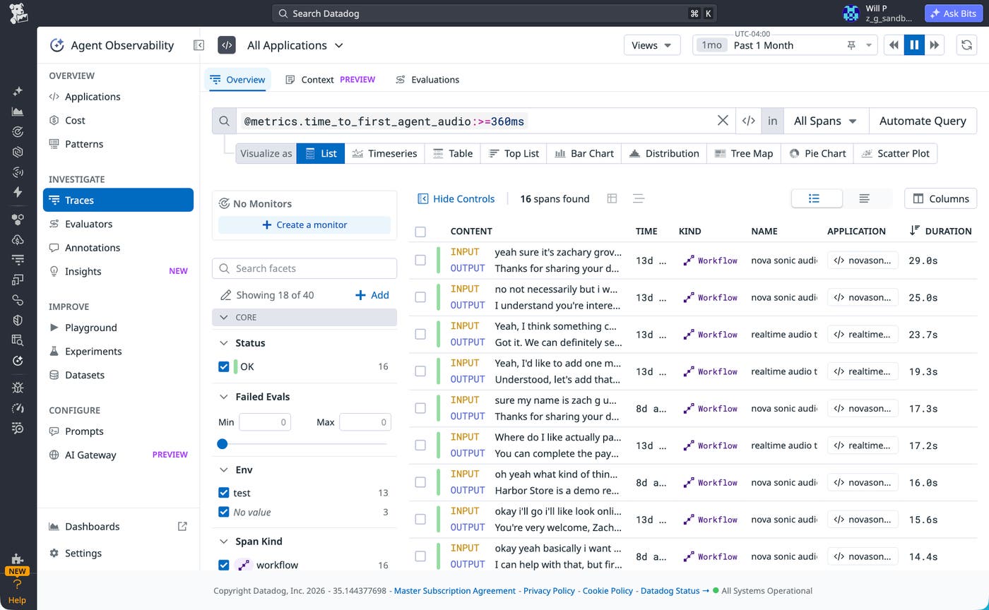 Screenshot of the Agent Observability Traces list filtered to voice turns where time to first agent audio is at least 360 ms. Screenshot of the Agent Observability Traces list filtered to voice turns where time to first agent audio is at least 360 ms.