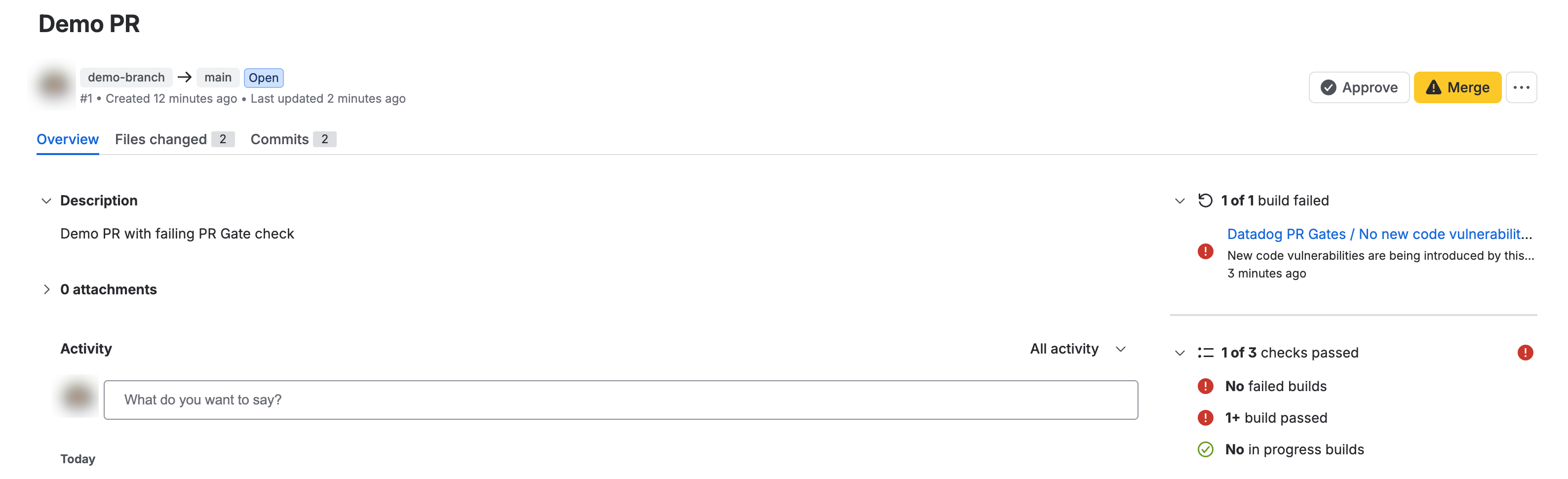 A PR Gates check on a Bitbucket pull request.