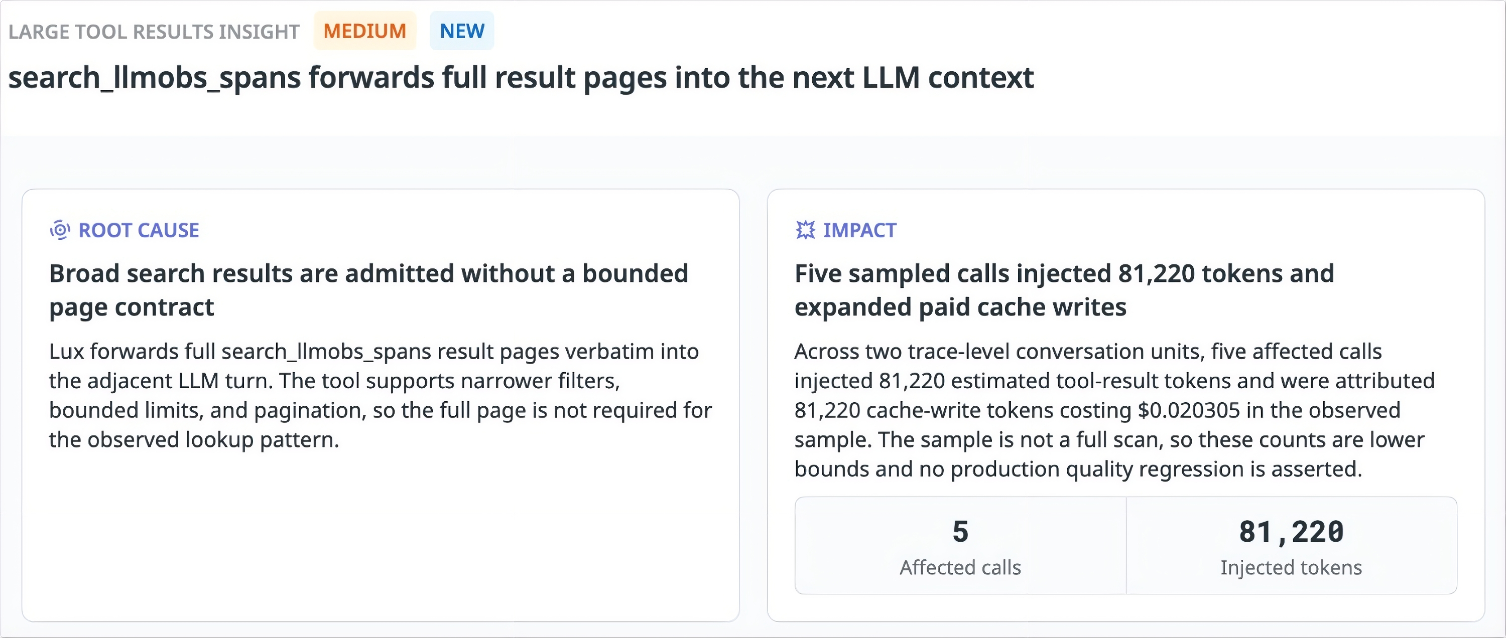Insights identifies five search calls that added roughly 81,000 tokens to model requests by returning full result pages.