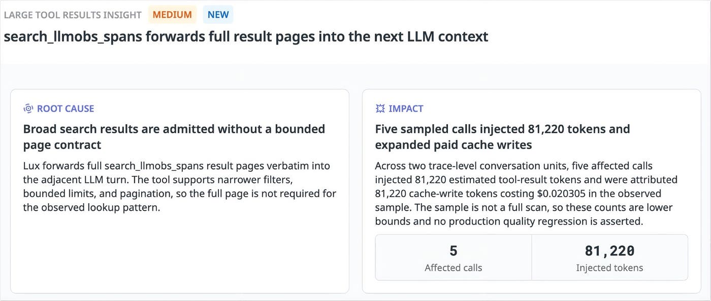 Insights identifies five search calls that added roughly 81,000 tokens to model requests by returning full result pages. Insights identifies five search calls that added roughly 81,000 tokens to model requests by returning full result pages.