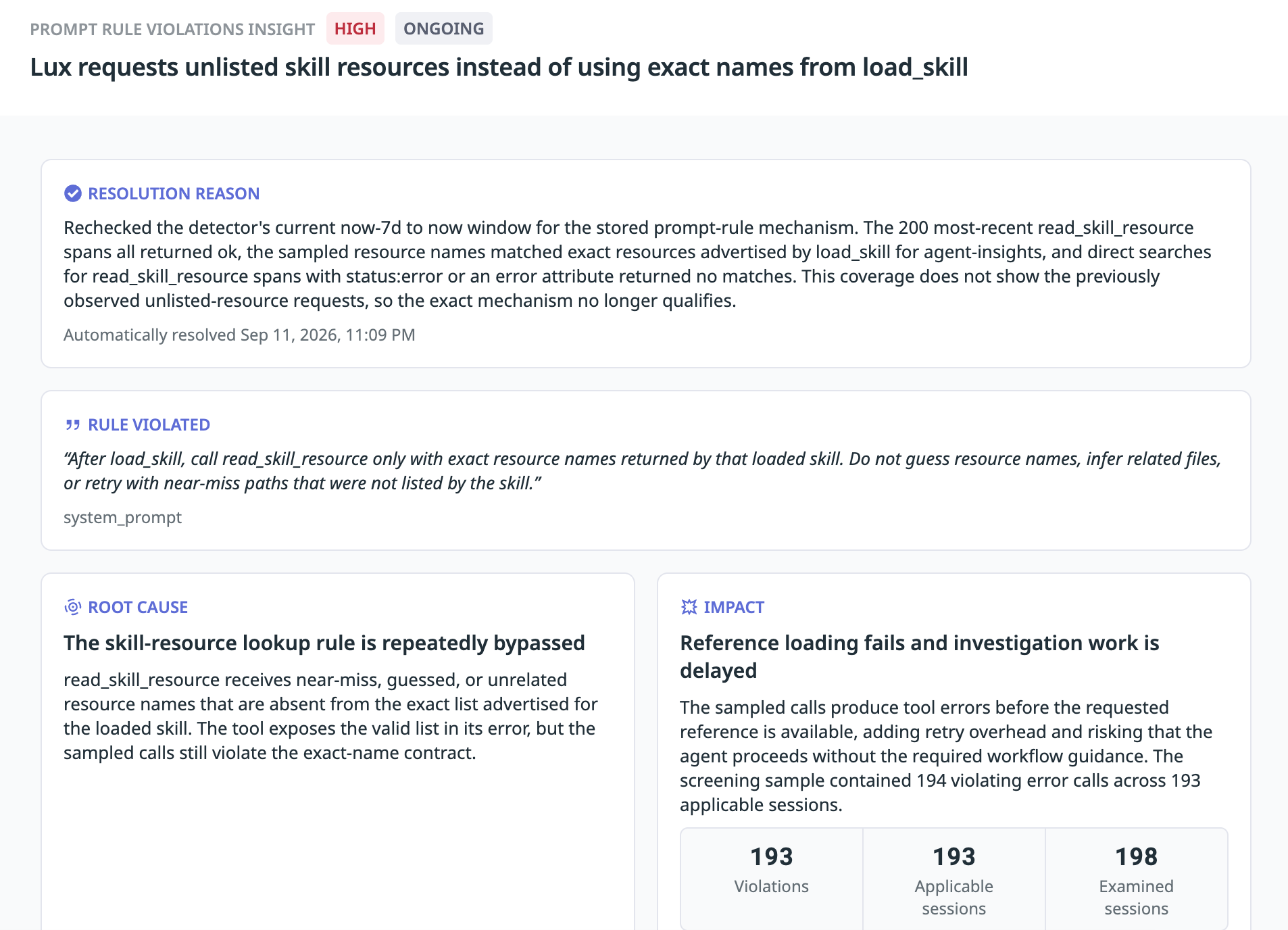 Insights identifies requests for unlisted skill resources across 193 sessions, causing tool errors and delaying investigations.