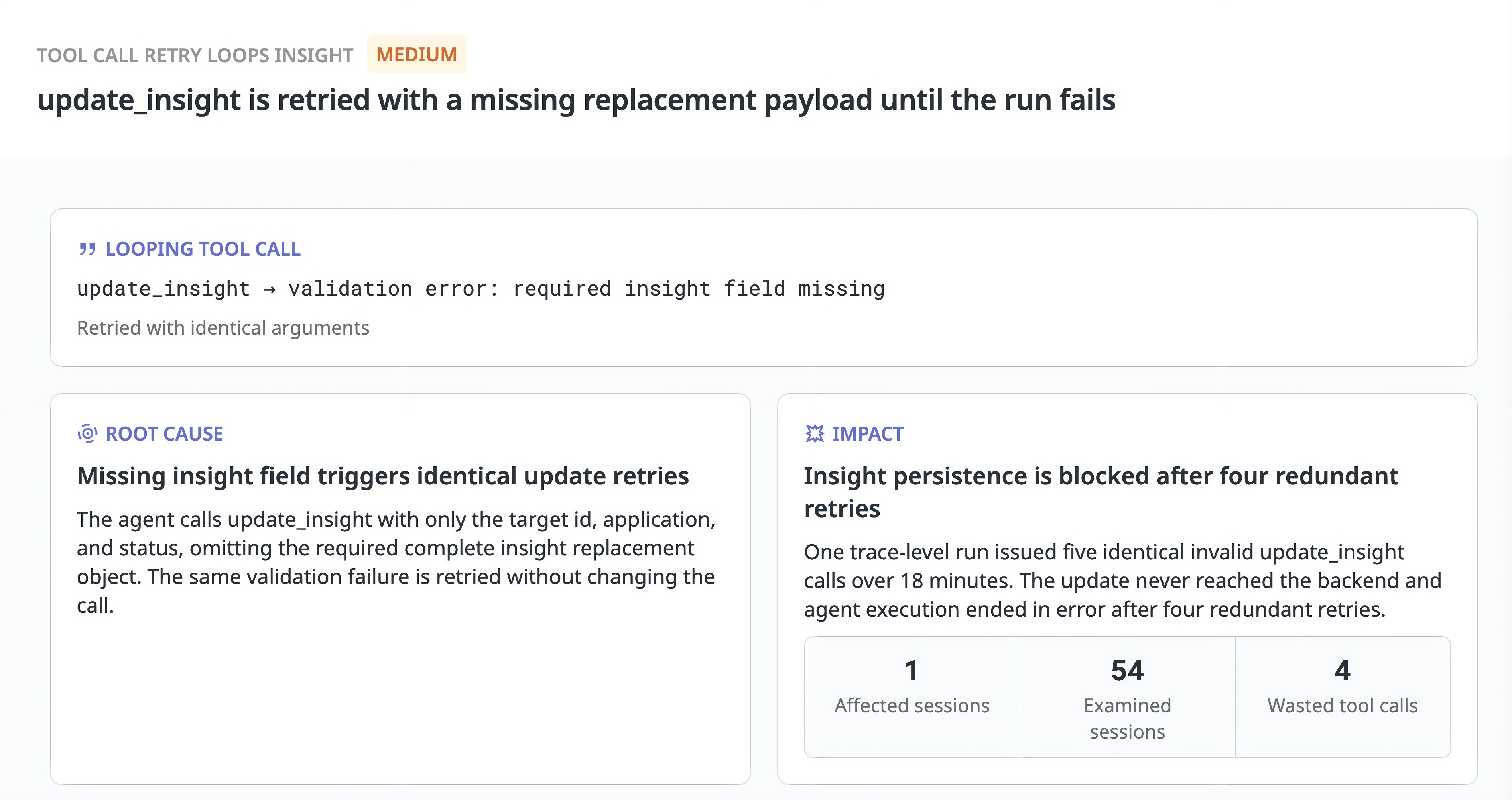 Missing required information causes five identical update_insight calls to fail over 18 minutes, ending the agent run in error.