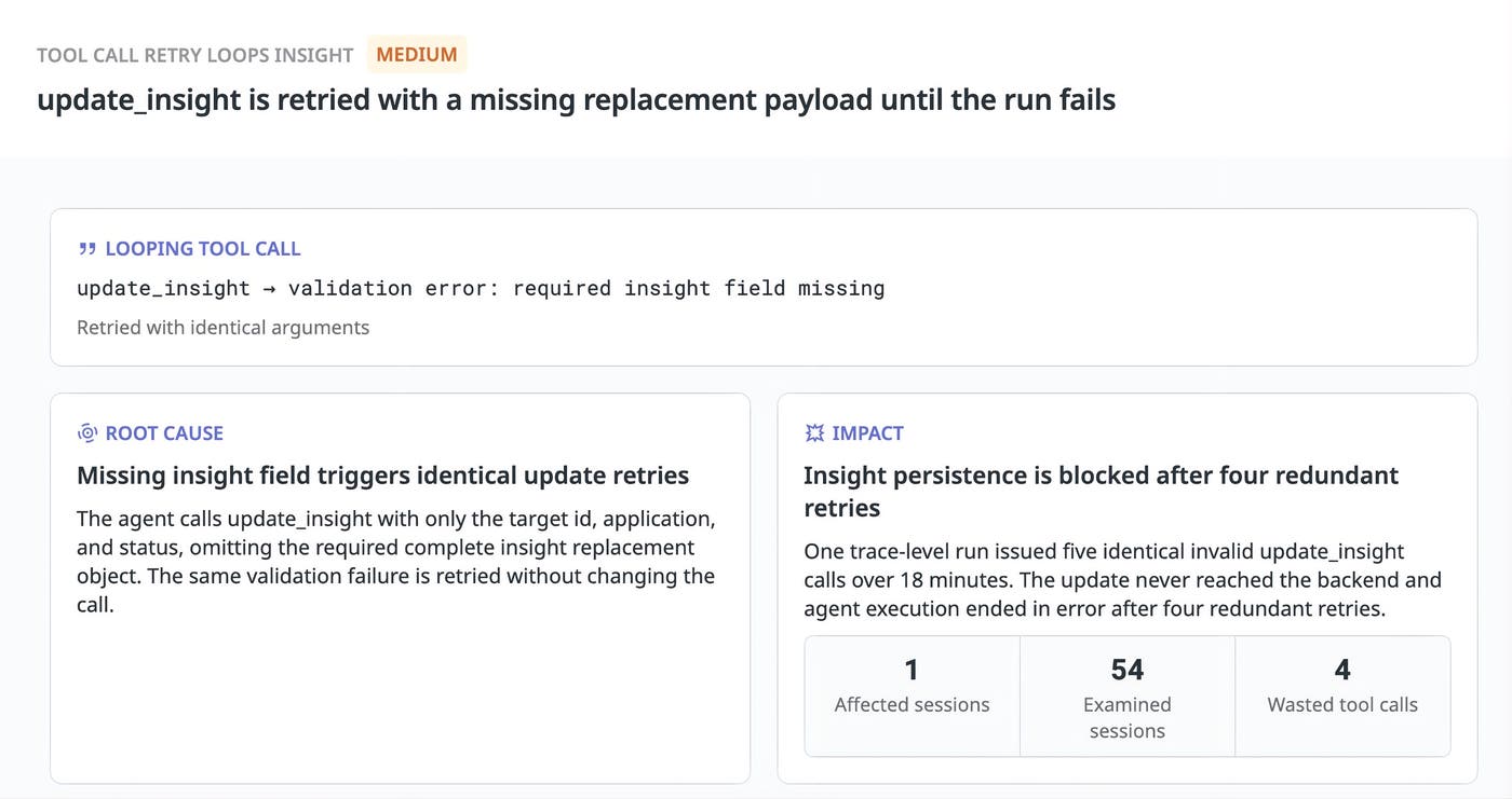 Missing required information causes five identical update_insight calls to fail over 18 minutes, ending the agent run in error. Missing required information causes five identical update_insight calls to fail over 18 minutes, ending the agent run in error.
