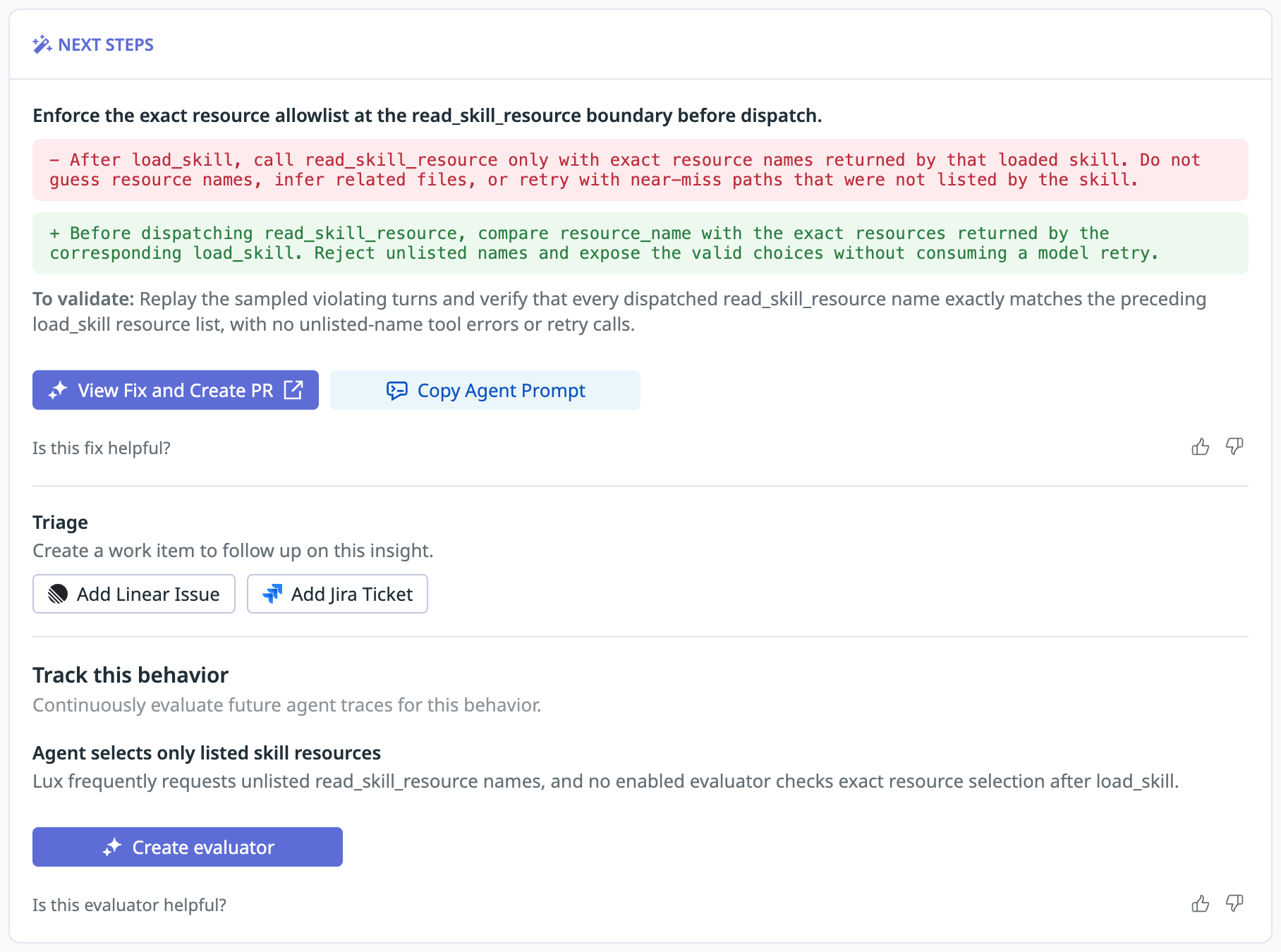 Insights recommends validating resource names against the skill loader’s list, rejecting unlisted names, and returning valid choices.