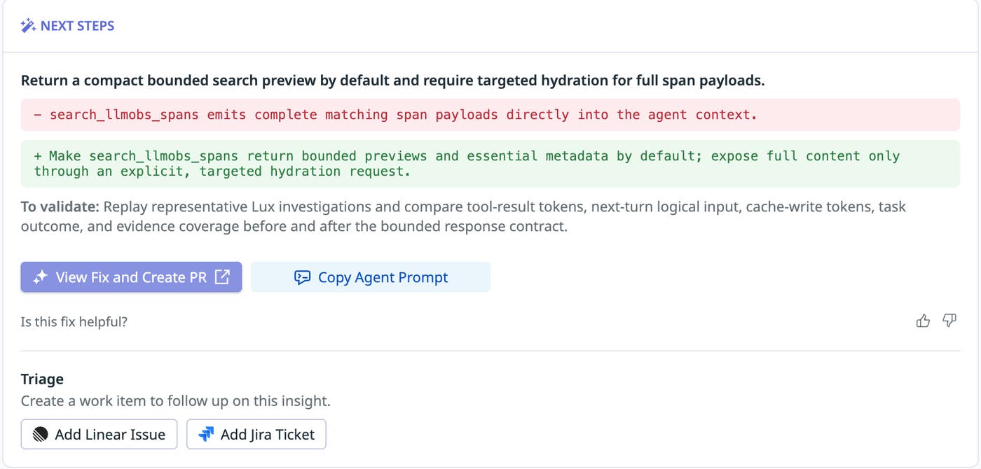 Insights recommends returning compact search previews and retrieving full span content only when requested, with an option to create a PR. Insights recommends returning compact search previews and retrieving full span content only when requested, with an option to create a PR.