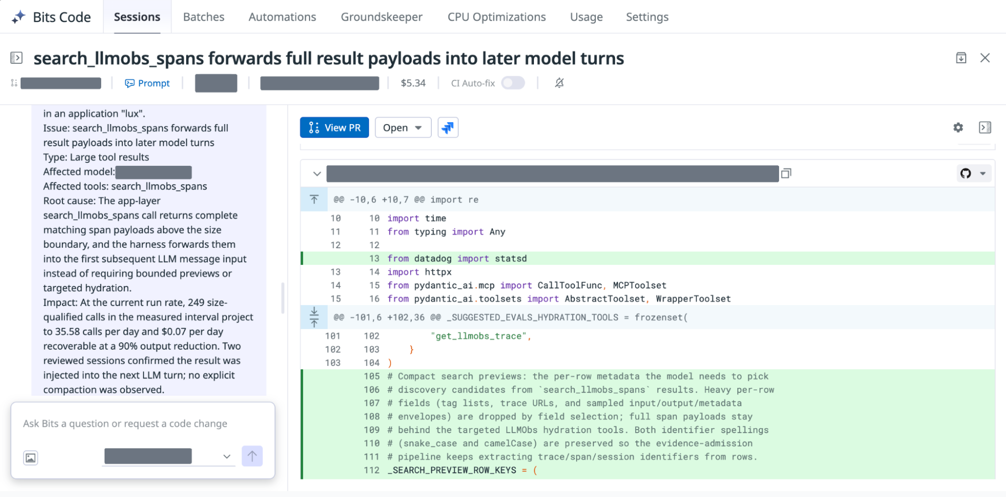 Bits Code prepares a pull request that returns compact search previews while preserving identifiers needed to retrieve full span content.
