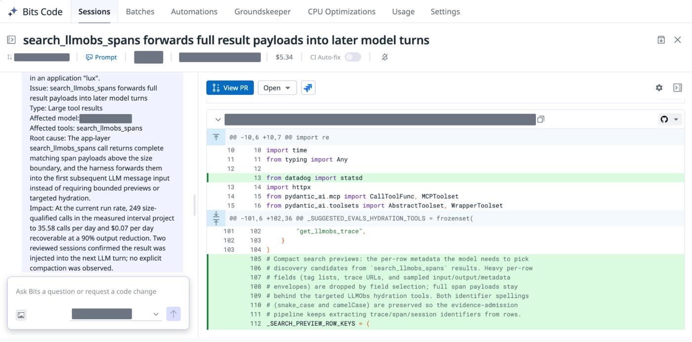 Bits Code prepares a pull request that returns compact search previews while preserving identifiers needed to retrieve full span content. Bits Code prepares a pull request that returns compact search previews while preserving identifiers needed to retrieve full span content.